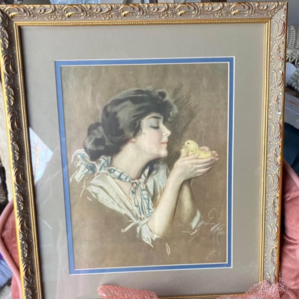 Harrison Fisher Print of Woman Holding Chick Cottage Core